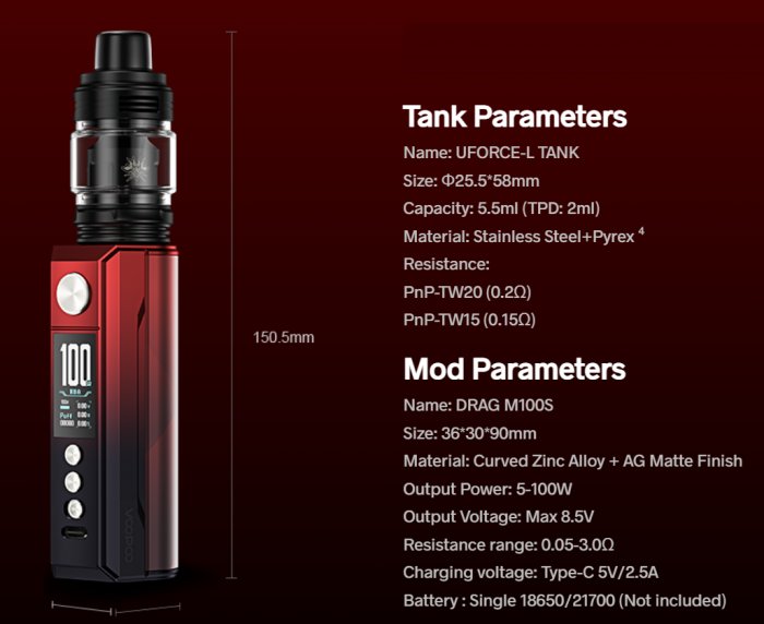 Grip VOOPOO DRAG M100S 100W 5,5ml Full Kit Black and Darkwood