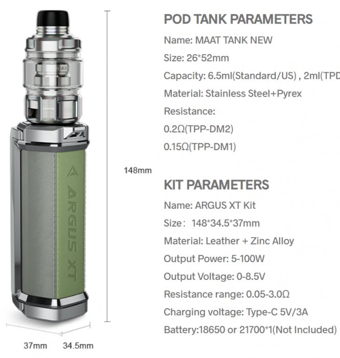 Grip VOOPOO ARGUS XT 100W 6,5ml Full Kit Silver Grey